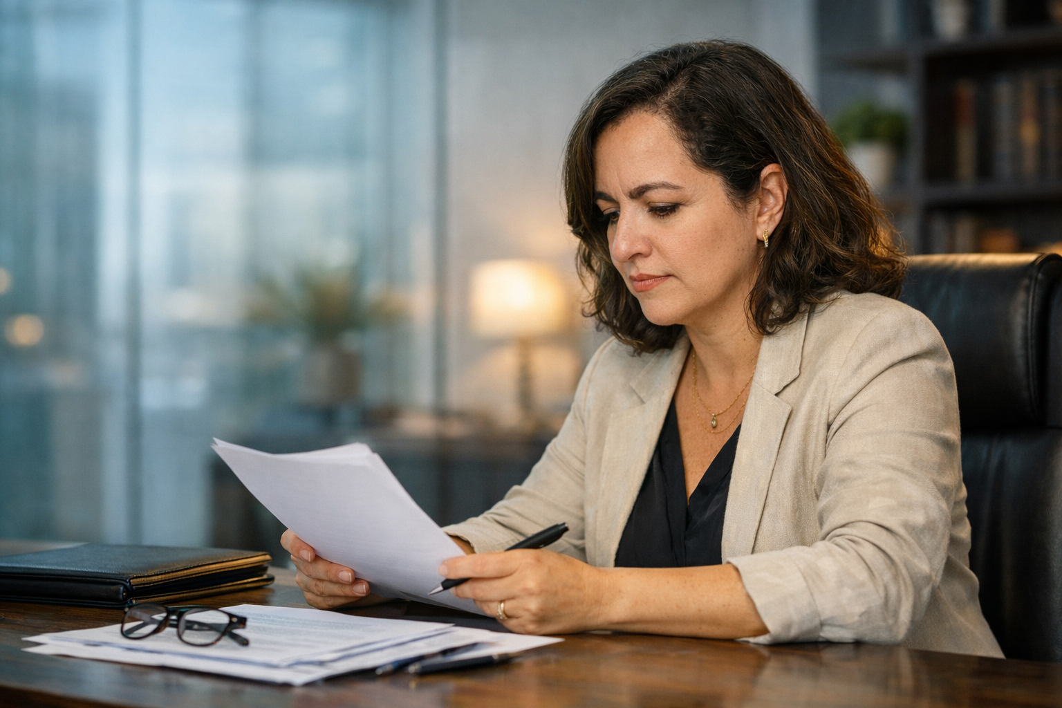 driana Muniz analisando documentos técnicos de advocacia tributária.